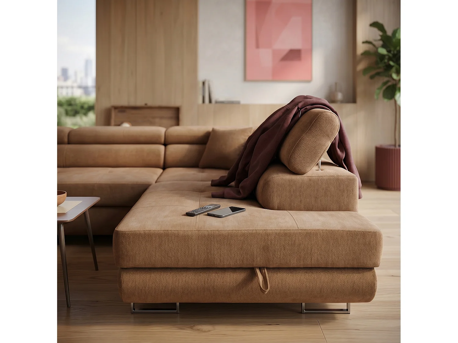 Canapé panoramique convertible avec coffre WILD U Droit avec fonction couchage  Chenille Marron