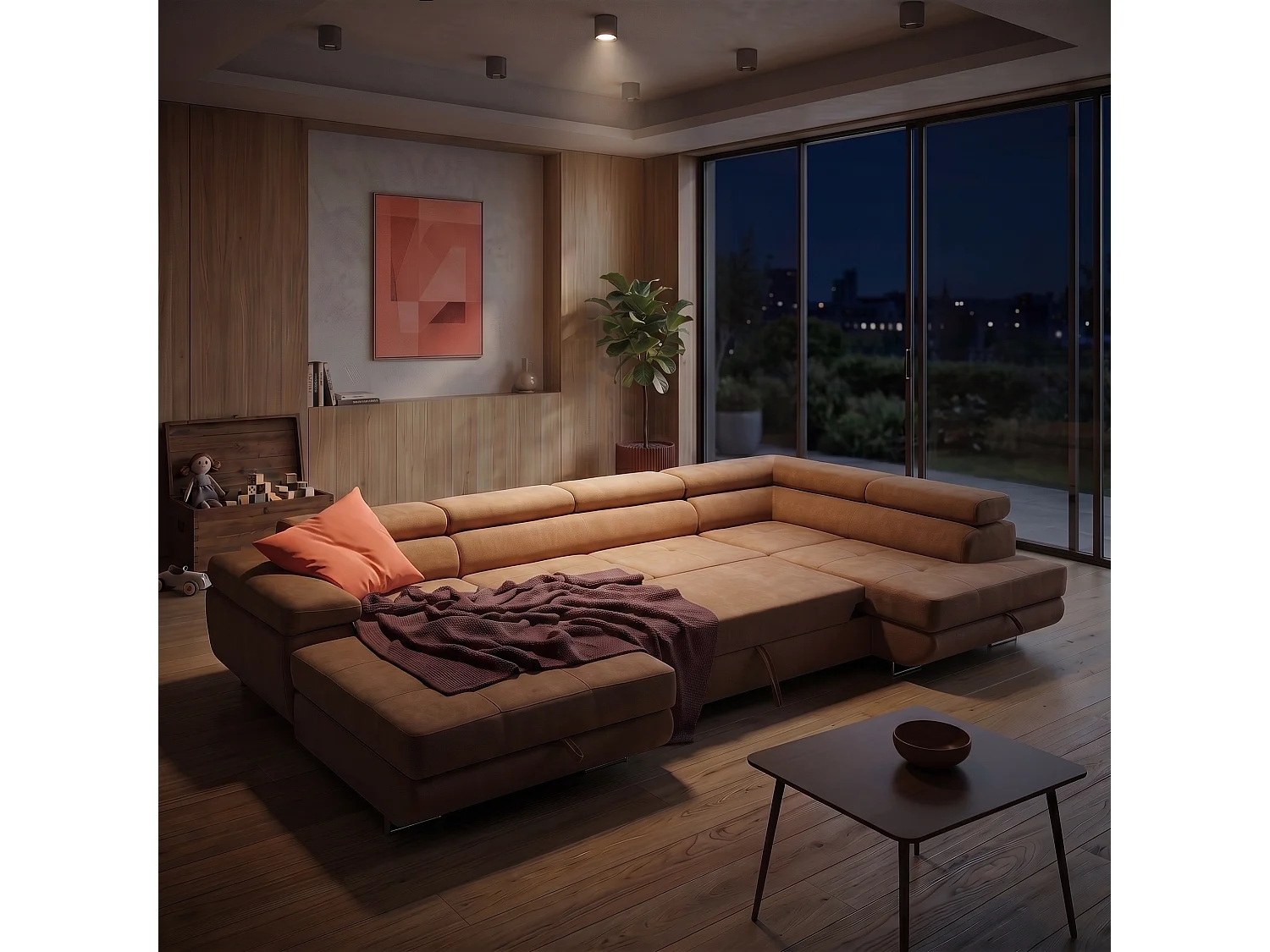 Canapé d'angle panoramique convertible 5 places avec coffre en tissu chenille marron WILD