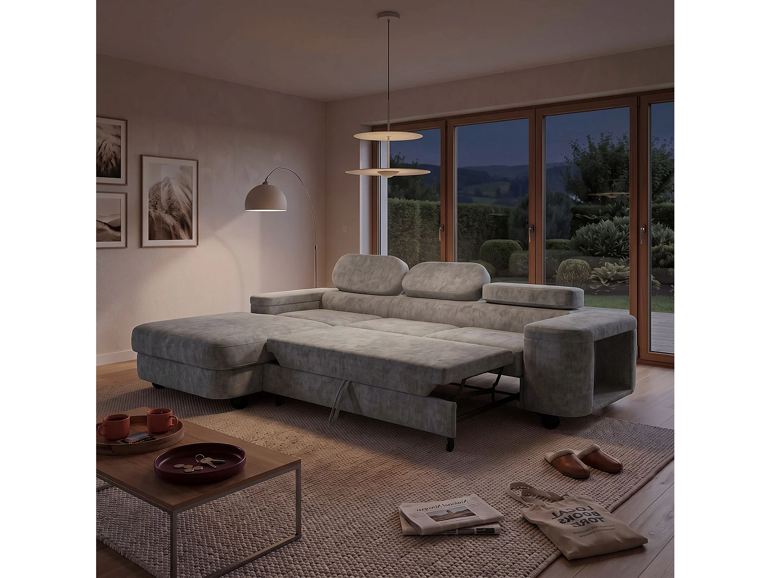 Canapé d'angle gauche 3 places en tissu chenille gris LOVE