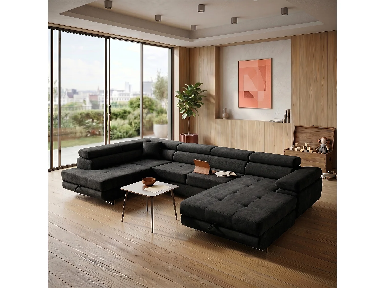 Canapé panoramique convertible avec coffre WILD U Gauche avec fonction couchage  Chenille Noir