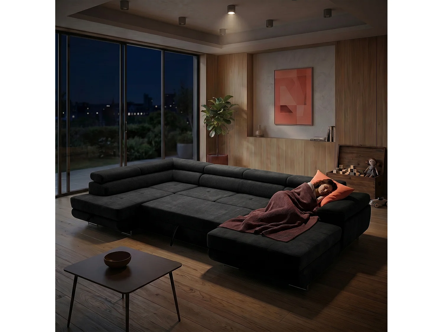 Canapé panoramique convertible avec coffre WILD U Gauche avec fonction couchage  Chenille Noir