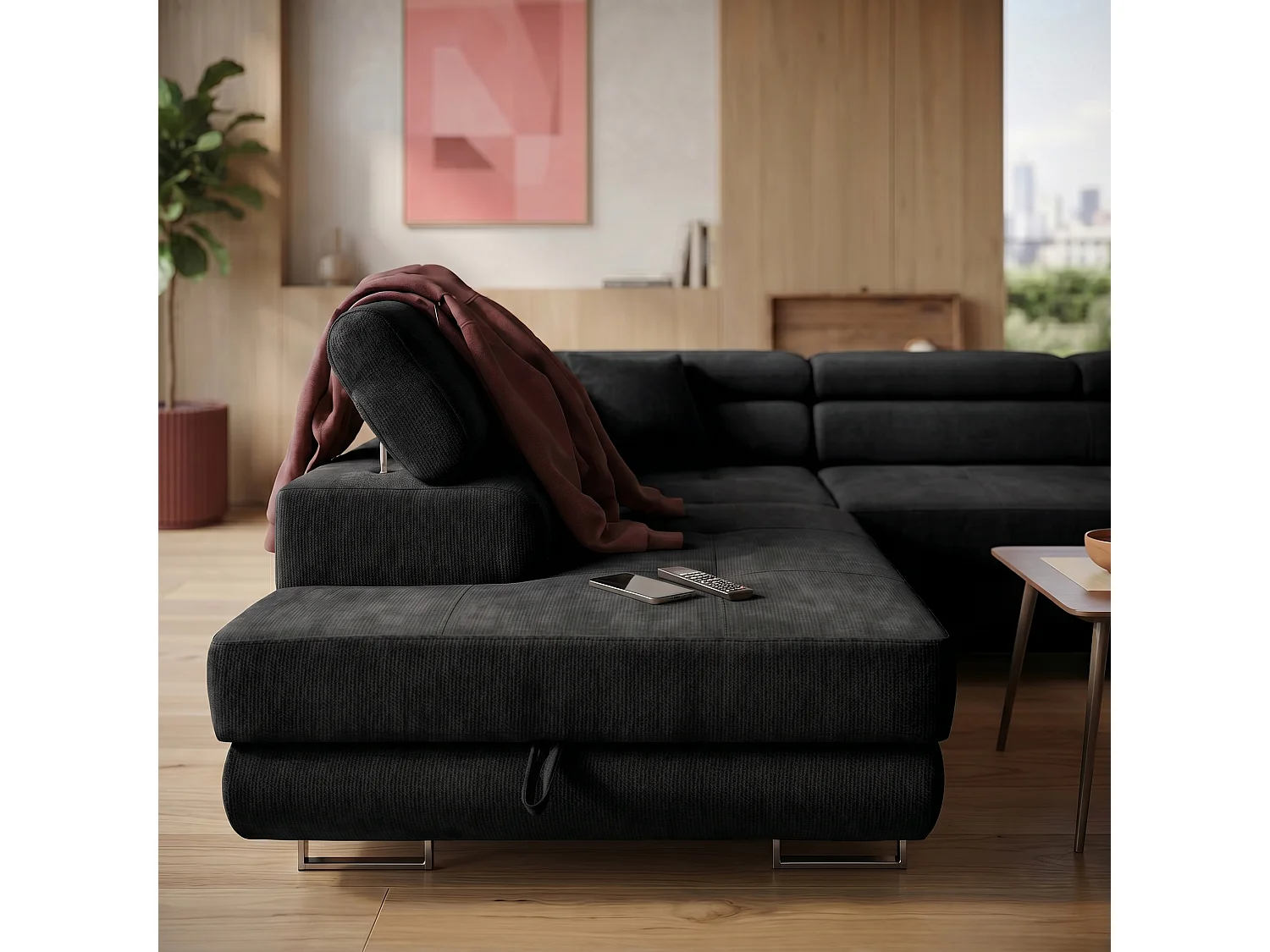 Canapé panoramique convertible avec coffre WILD U Gauche avec fonction couchage  Chenille Noir