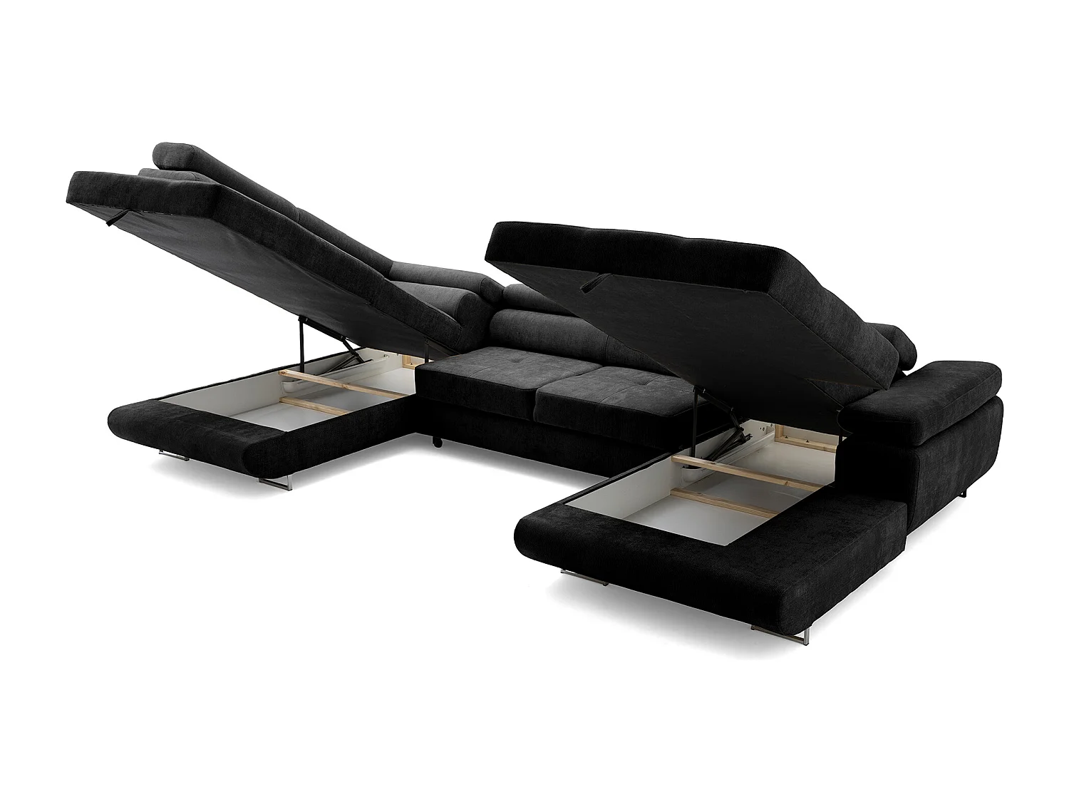 Canapé panoramique convertible avec coffre WILD U Gauche avec fonction couchage  Chenille Noir