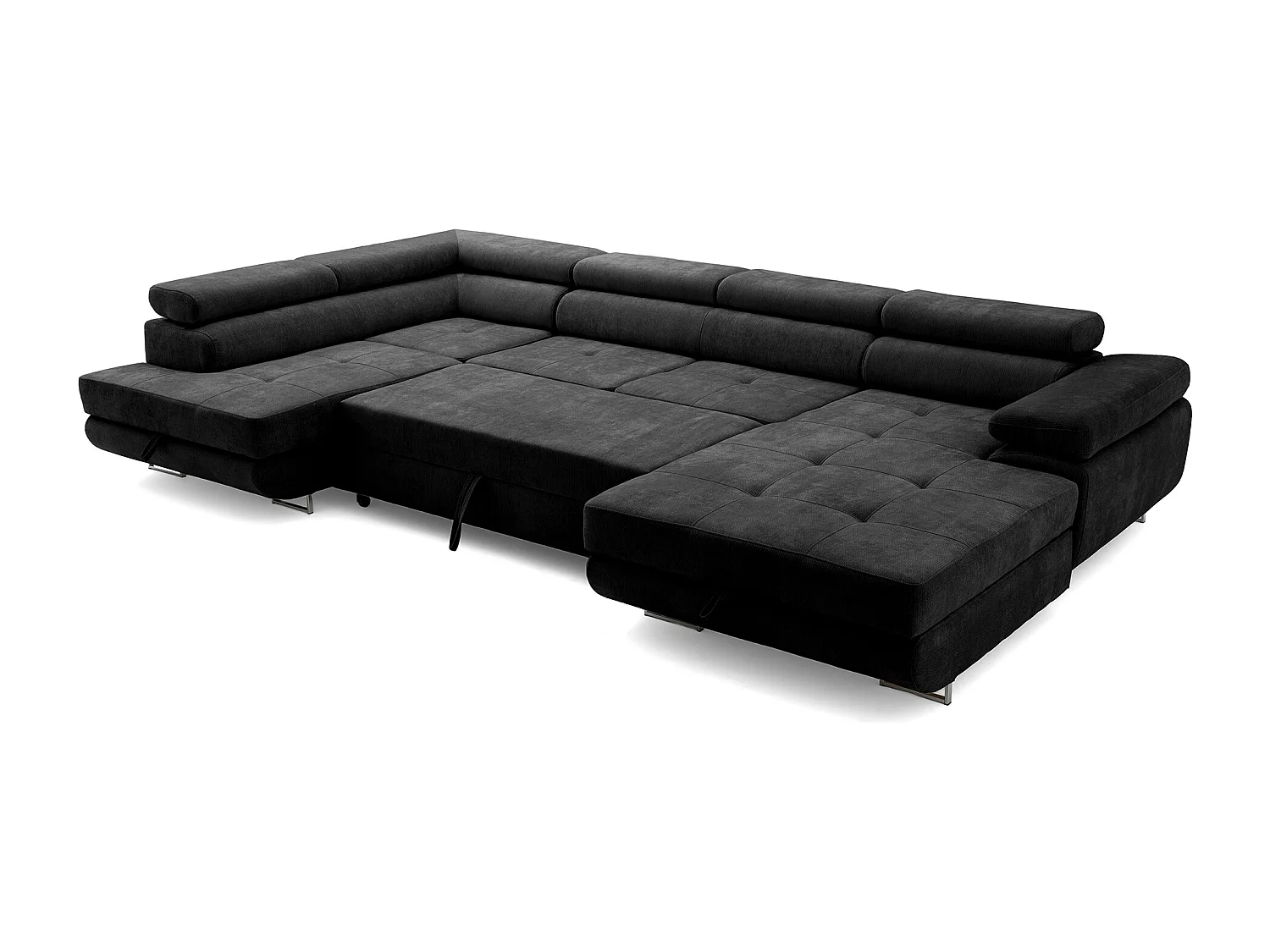 Canapé panoramique convertible avec coffre WILD U Gauche avec fonction couchage  Chenille Noir