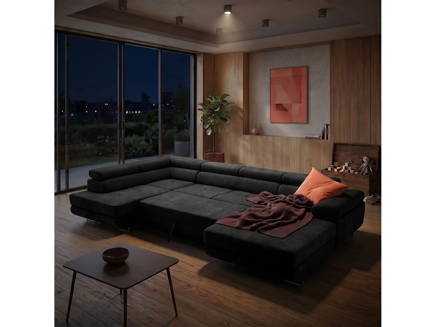 Canapé d'angle panoramique convertible 5 places avec coffre en tissu chenille noir WILD