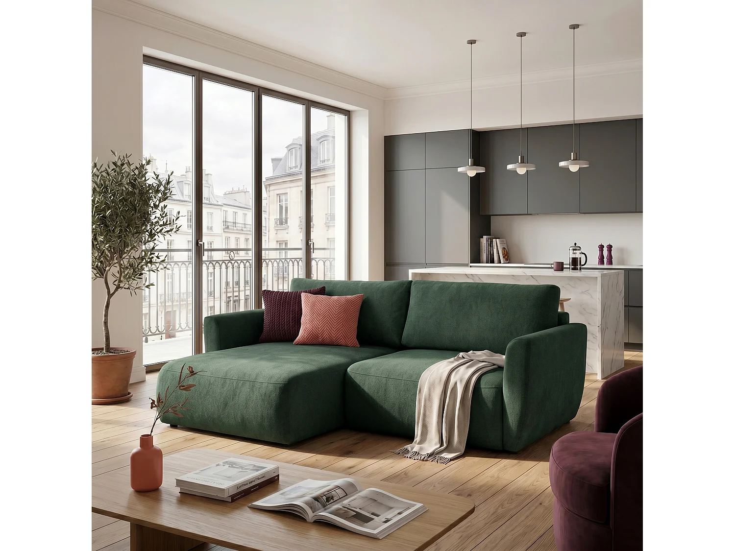 Canapé d'angle BELLA L Gauche avec fonction couchage 140x205 Velours Vert