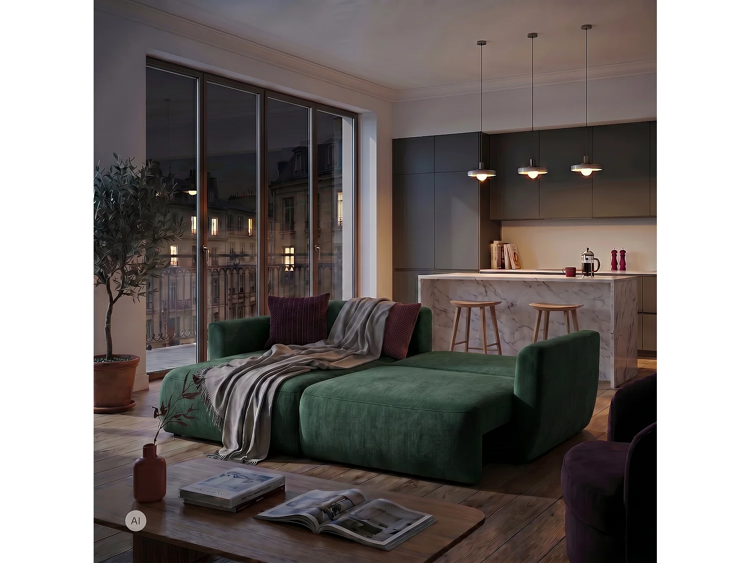 Hoekbank BELLA L links met slaapfunctie 140x205 velours groen