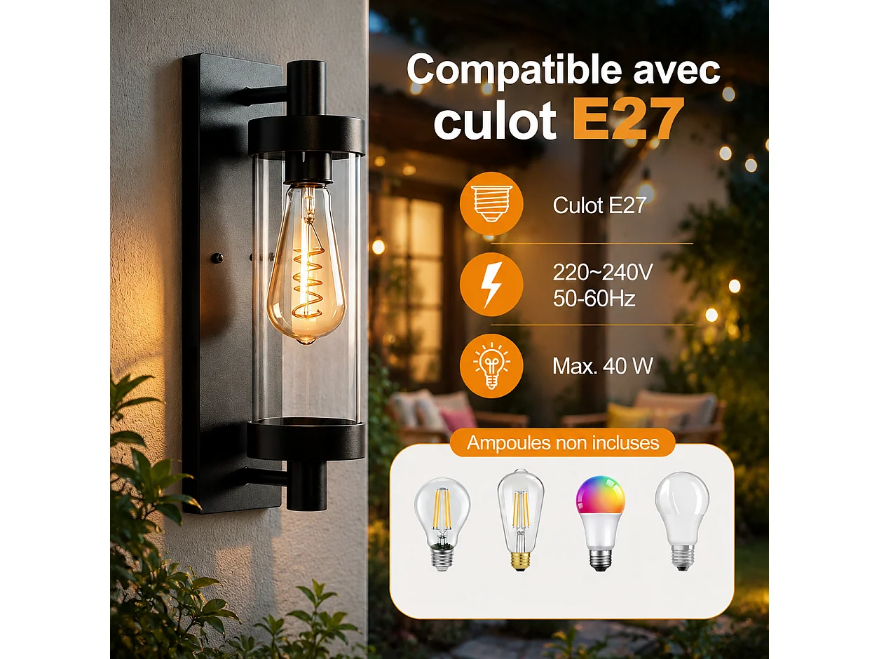 ZMH Applique Murale Extérieur/Intérieur Noir E27 Max 40W Pour Terrasse Balcon Façade Jardin (Sans Ampoule)