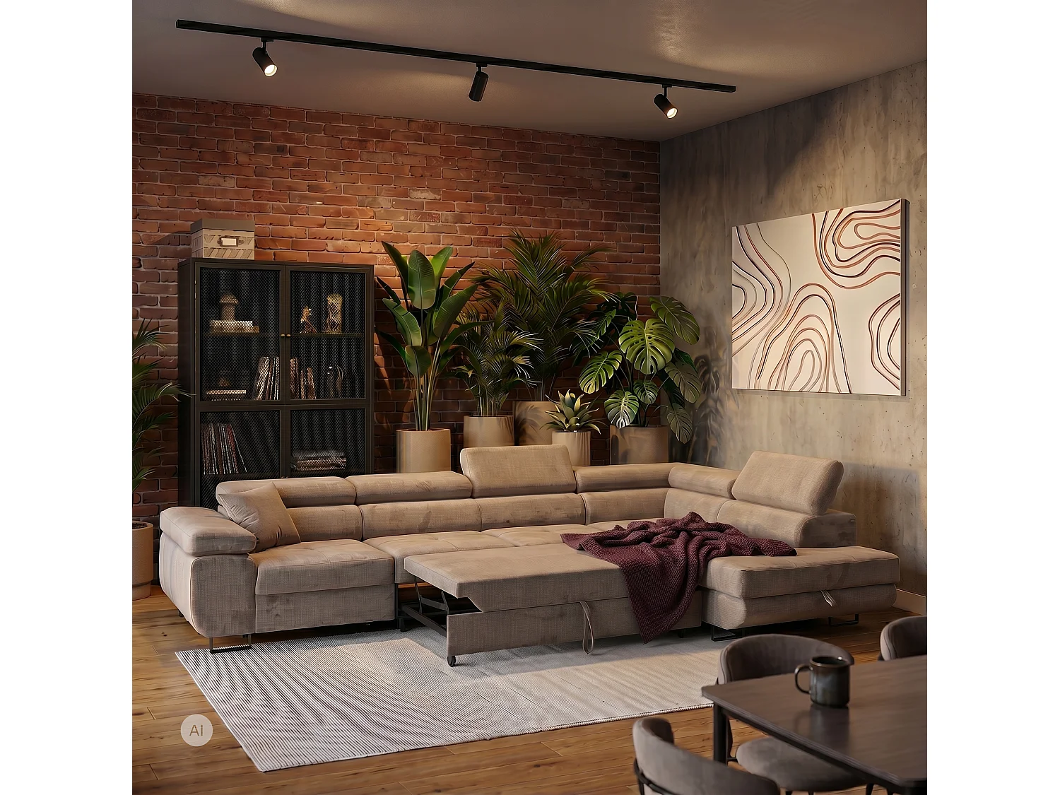 Canapé d'angle droit 5 places en velours beige WILD