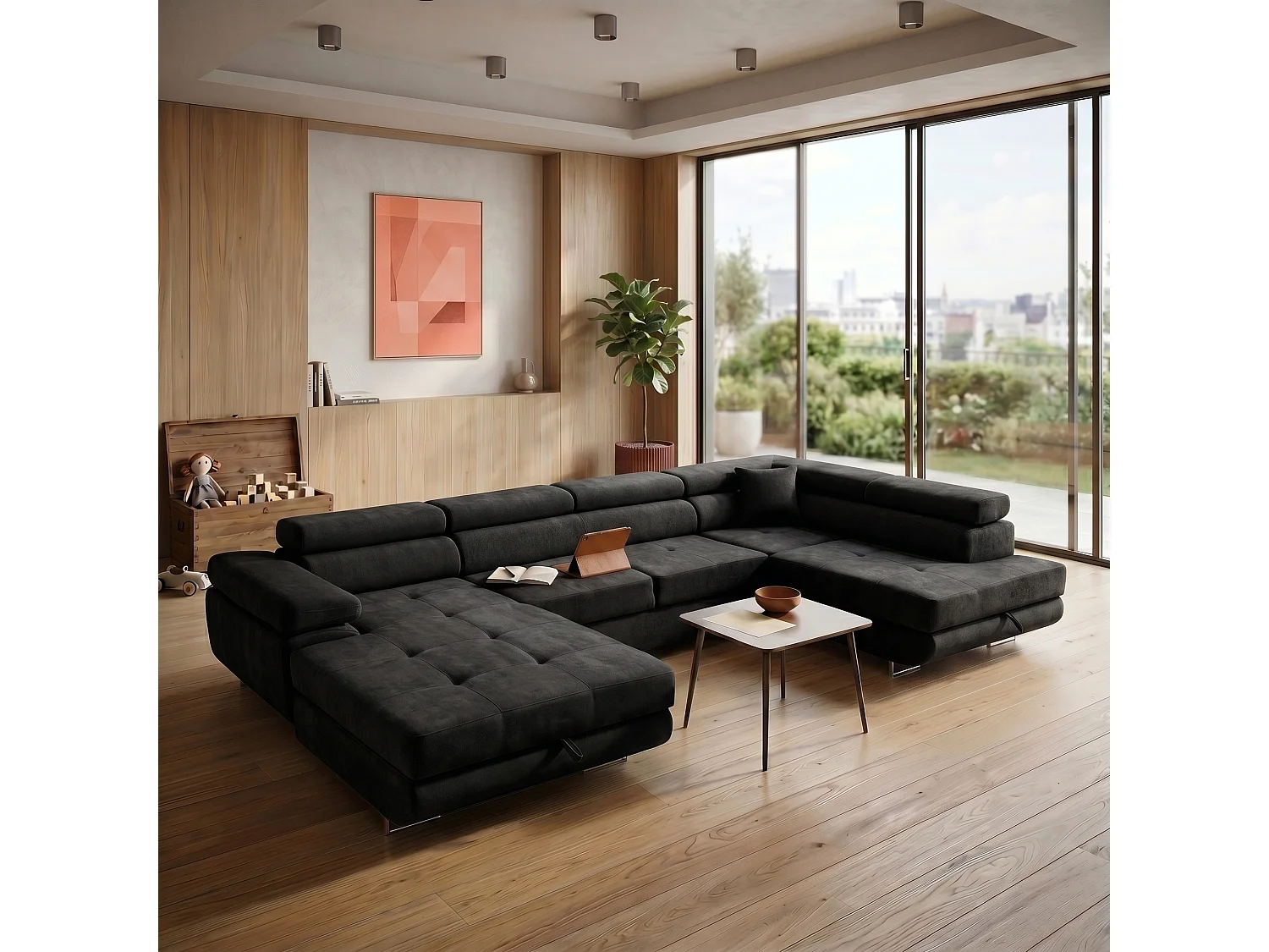 Canapé panoramique convertible avec coffre WILD U Droit avec fonction couchage  Chenille Noir
