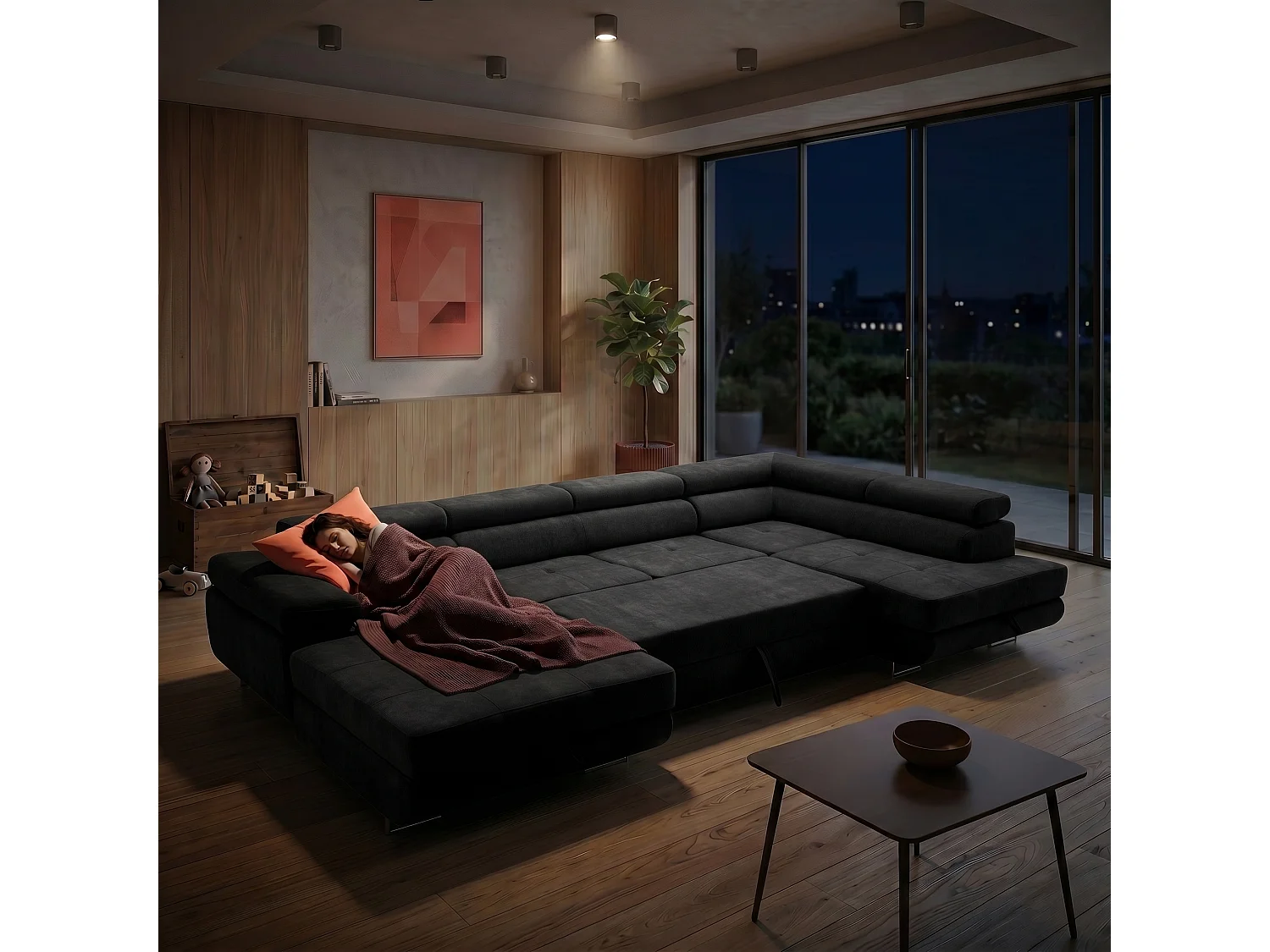 Canapé panoramique convertible avec coffre WILD U Droit avec fonction couchage  Chenille Noir
