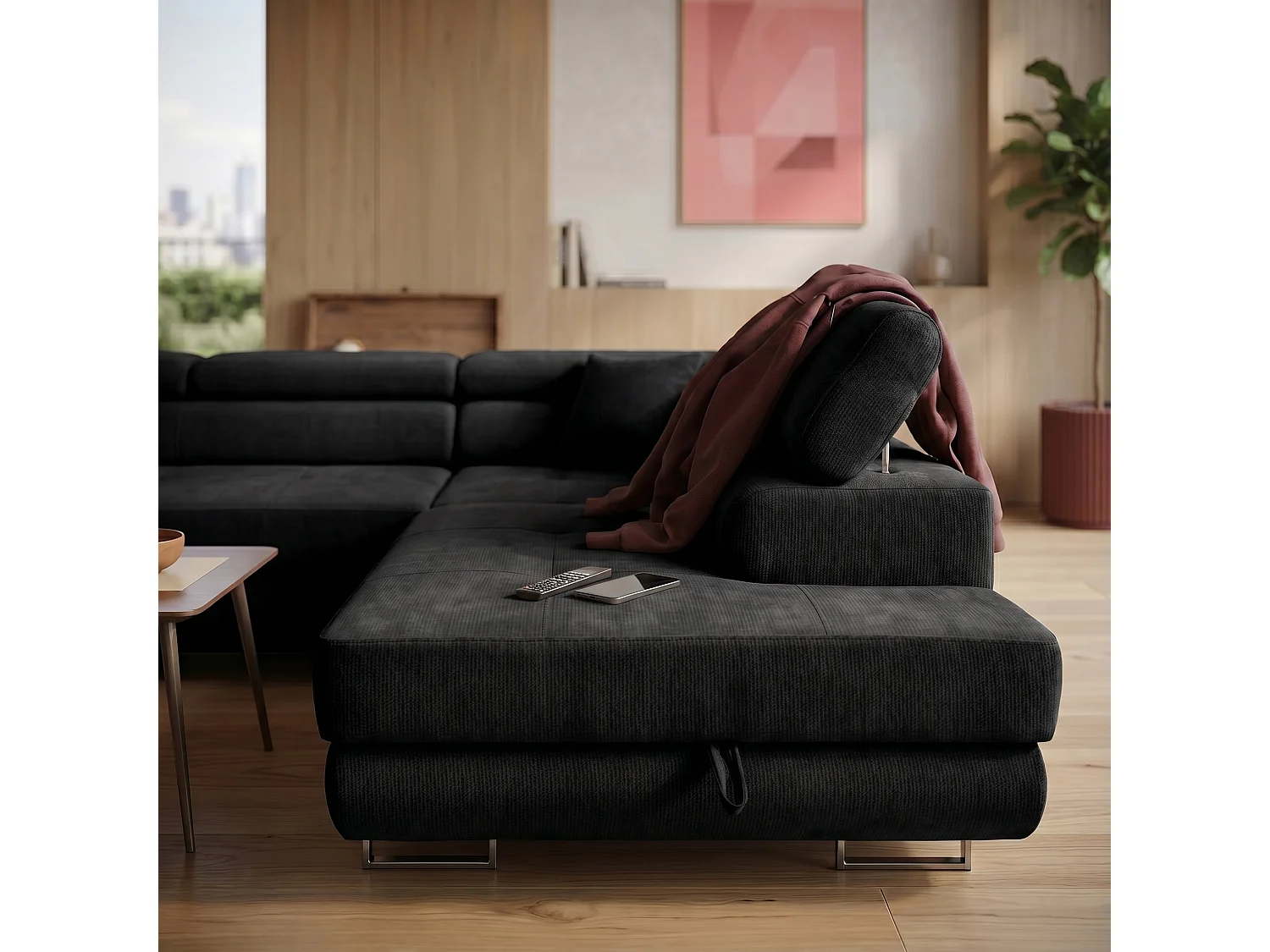 Canapé panoramique convertible avec coffre WILD U Droit avec fonction couchage  Chenille Noir