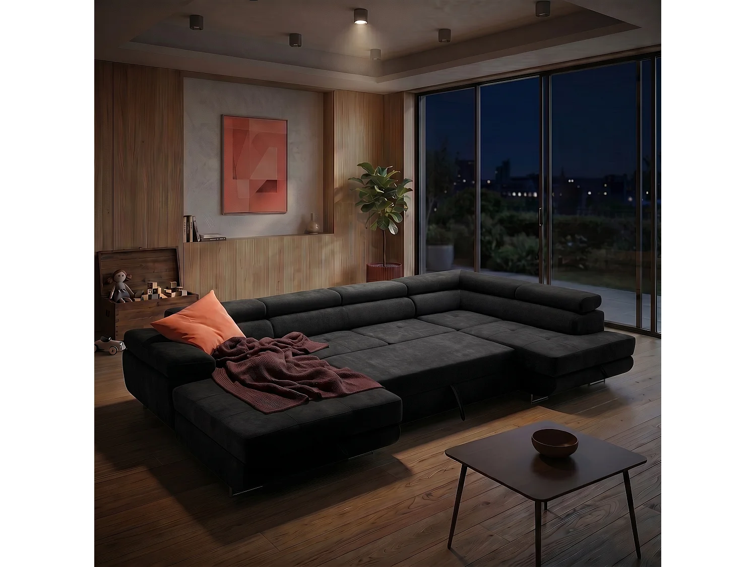 Canapé d'angle panoramique convertible 5 places avec coffre en tissu chenille noir WILD