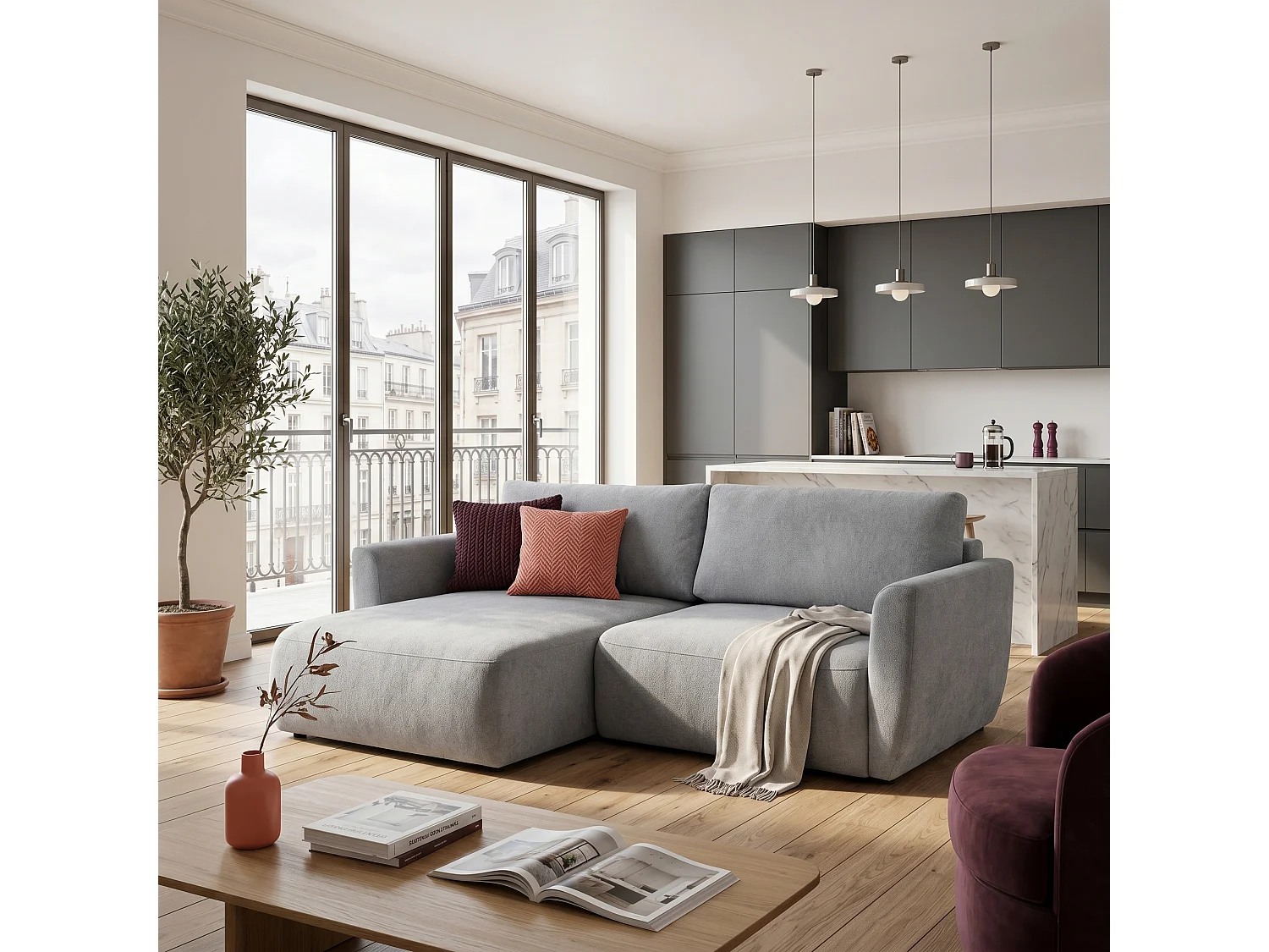 Canapé d'angle BELLA L Gauche avec fonction couchage 140x205 Velours Gris