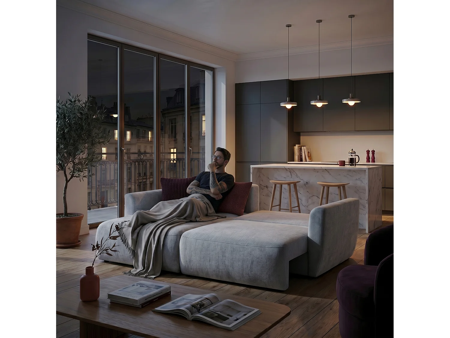 Canapé d'angle BELLA L Gauche avec fonction couchage 140x205 Velours Gris