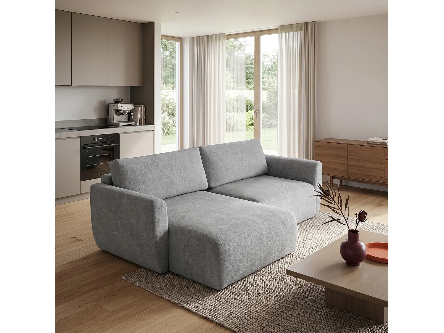 Canapé d'angle BELLA L Gauche avec fonction couchage 140x205 Velours Gris