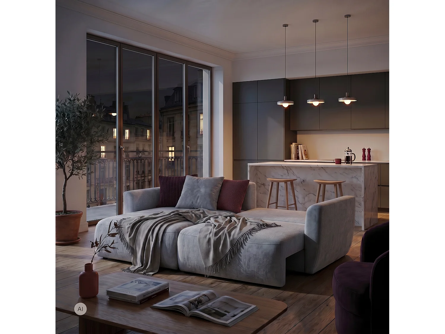 Hoekbank BELLA L links met slaapfunctie 140x205 velours grijs