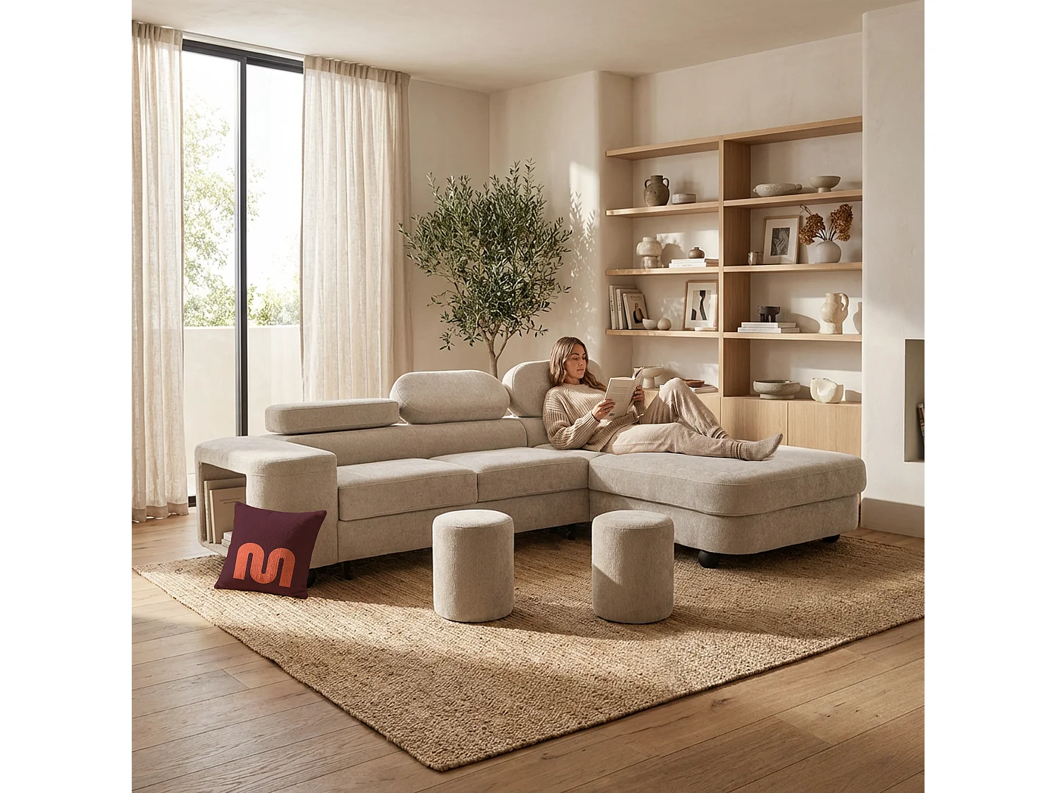 Canapé d'angle LOVE L Droit avec fonction couchage 124x210 Chenille Beige