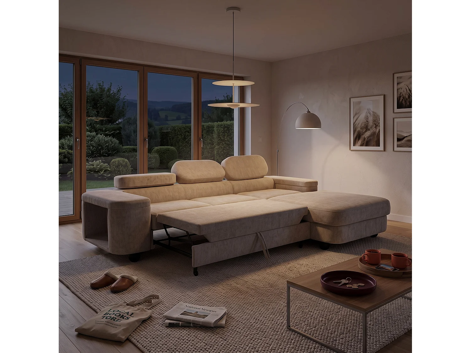 Canapé d'angle droit 3 places en tissu chenille beige LOVE