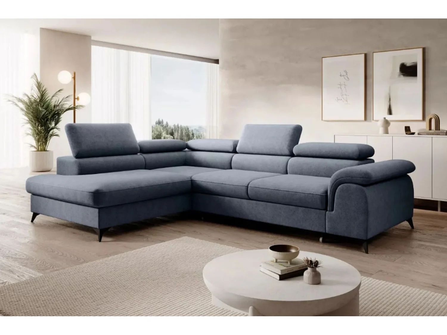 Canapé d'angle PLAZA L Gauche avec fonction couchage 125x195 Velours Bleu