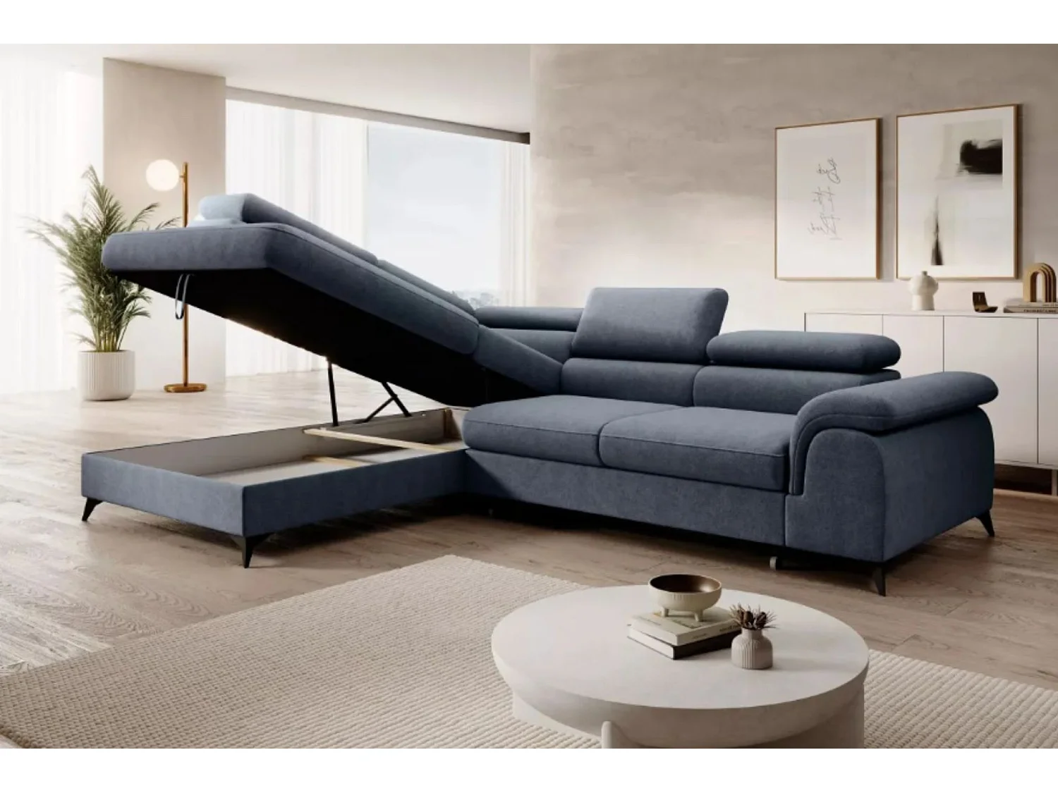 Canapé d'angle PLAZA L Gauche avec fonction couchage 125x195 Velours Bleu