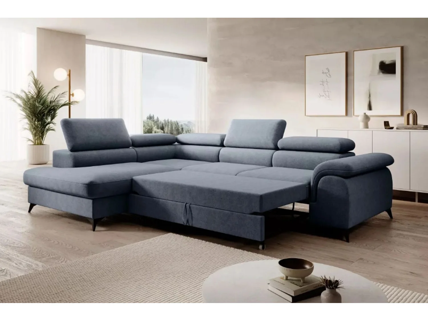 Canapé d'angle PLAZA L Gauche avec fonction couchage 125x195 Velours Bleu