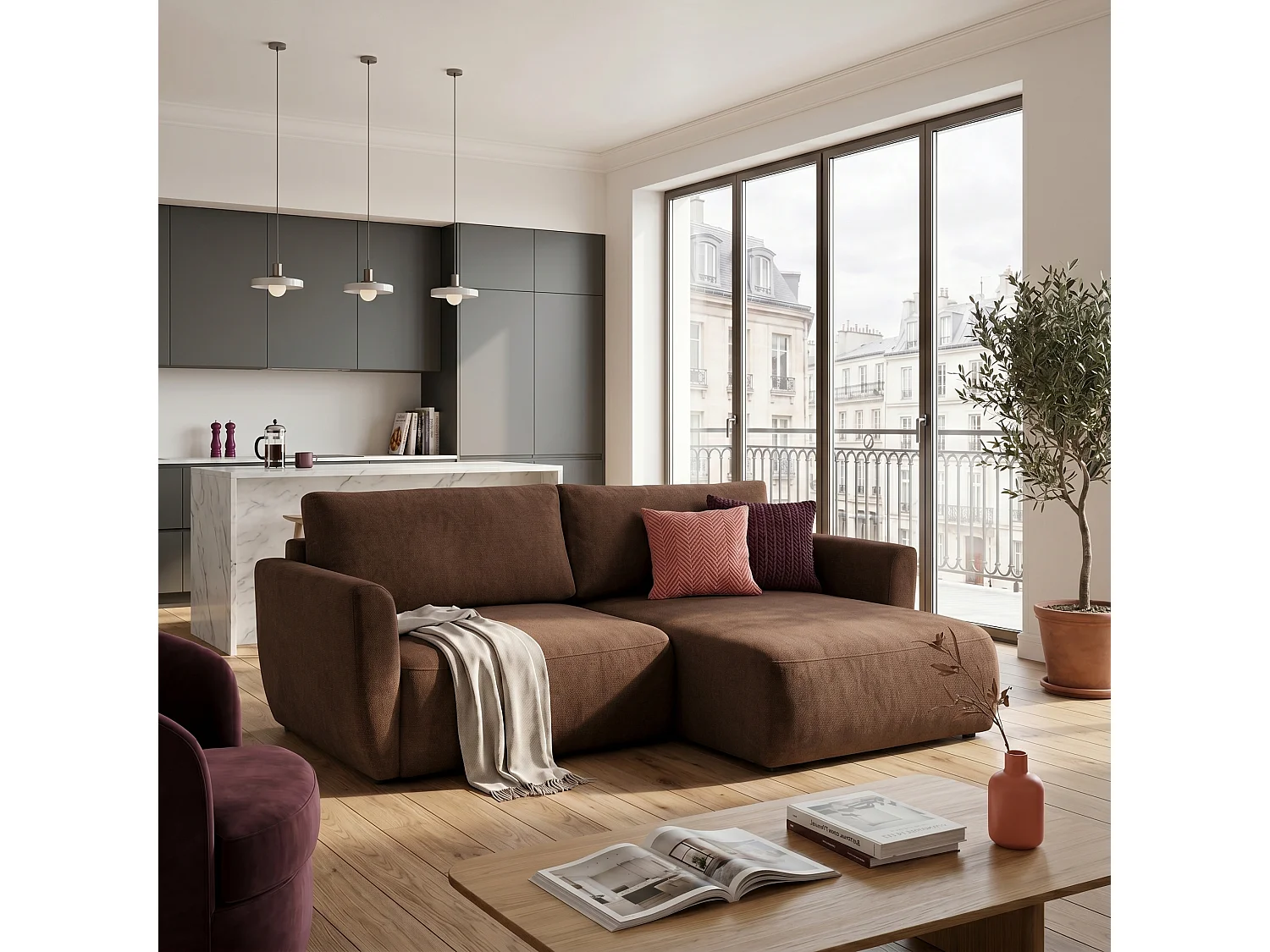 Canapé d'angle BELLA L Droit avec fonction couchage 140x205 Velours Marron