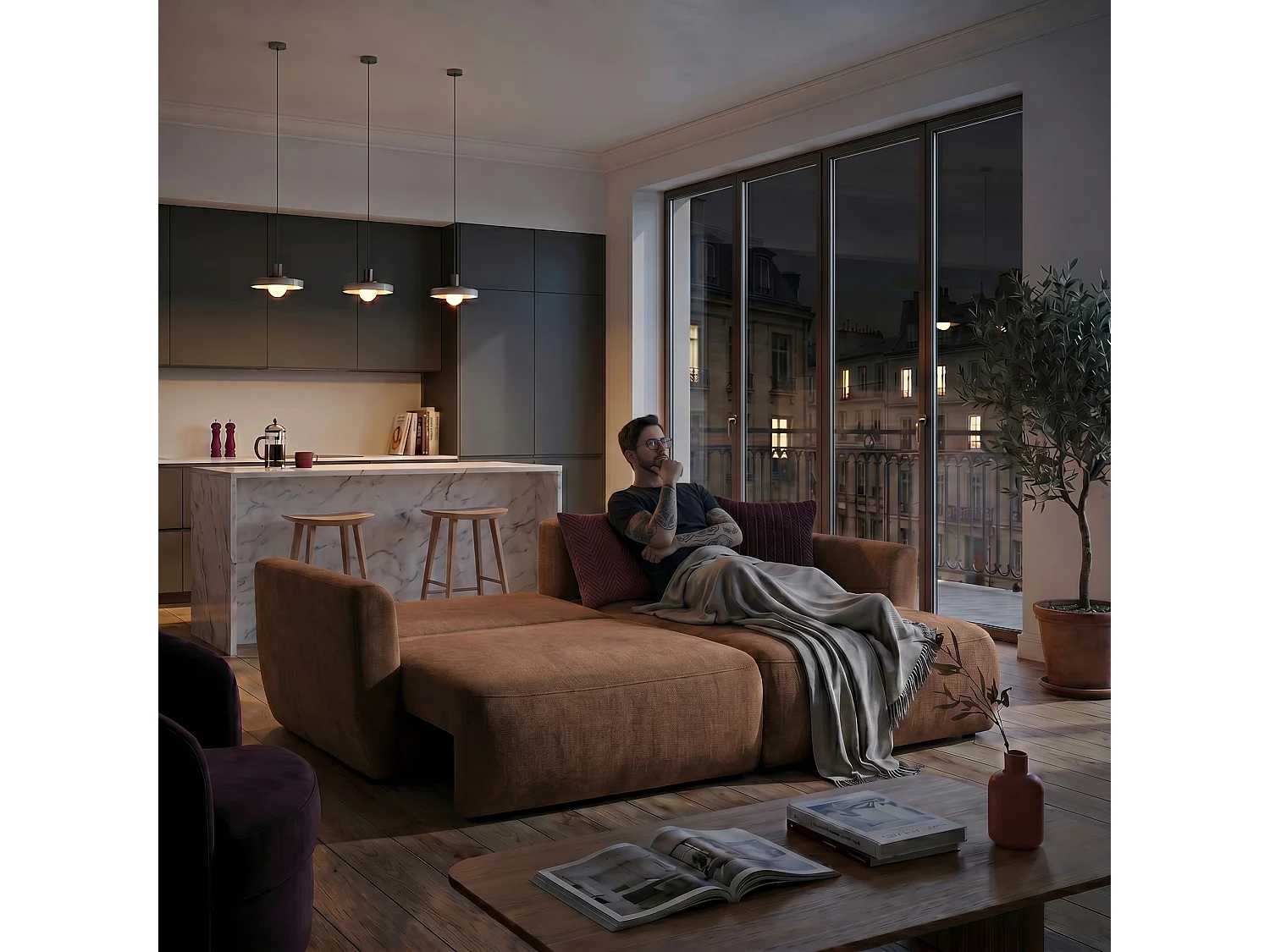 Canapé d'angle BELLA L Droit avec fonction couchage 140x205 Velours Marron