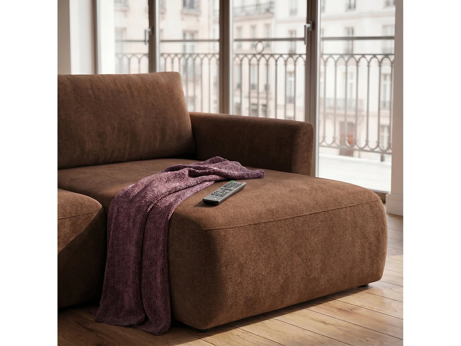 Canapé d'angle BELLA L Droit avec fonction couchage 140x205 Velours Marron