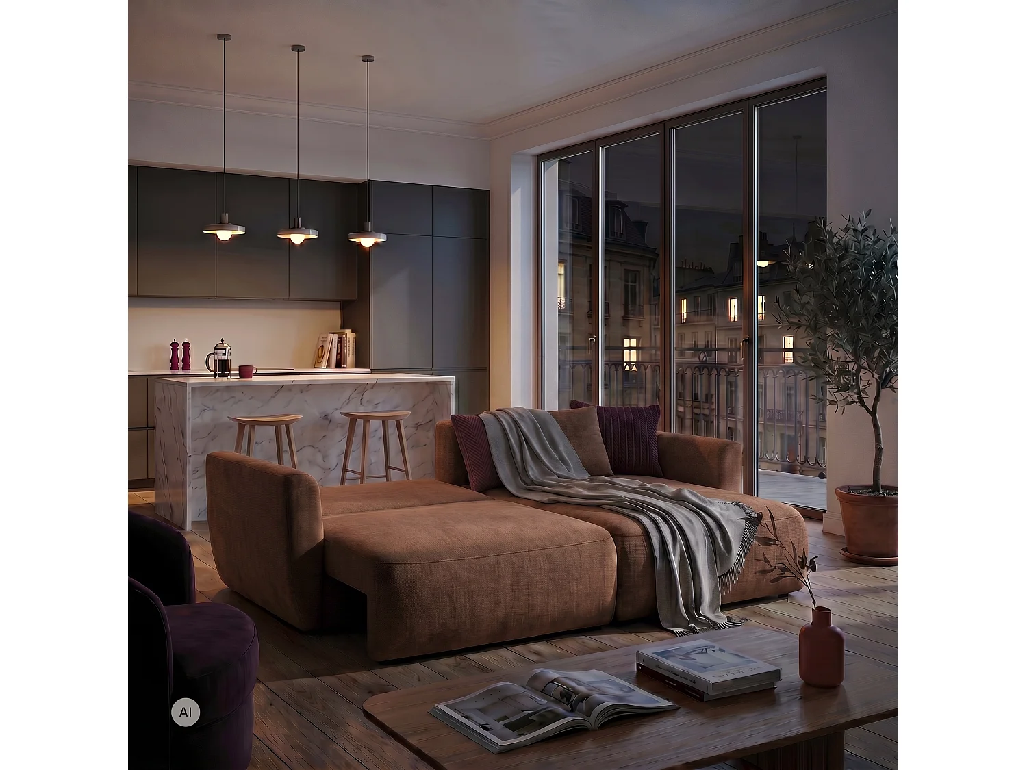 Hoekbank BELLA L rechts met slaapfunctie 140x205 velours bruin