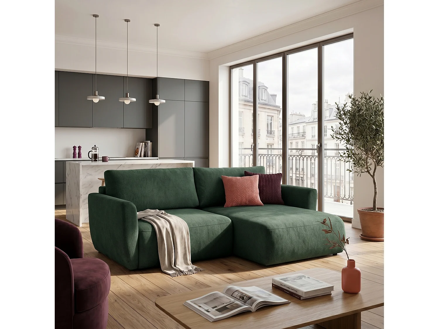 Canapé d'angle BELLA L Droit avec fonction couchage 140x205 Velours Vert