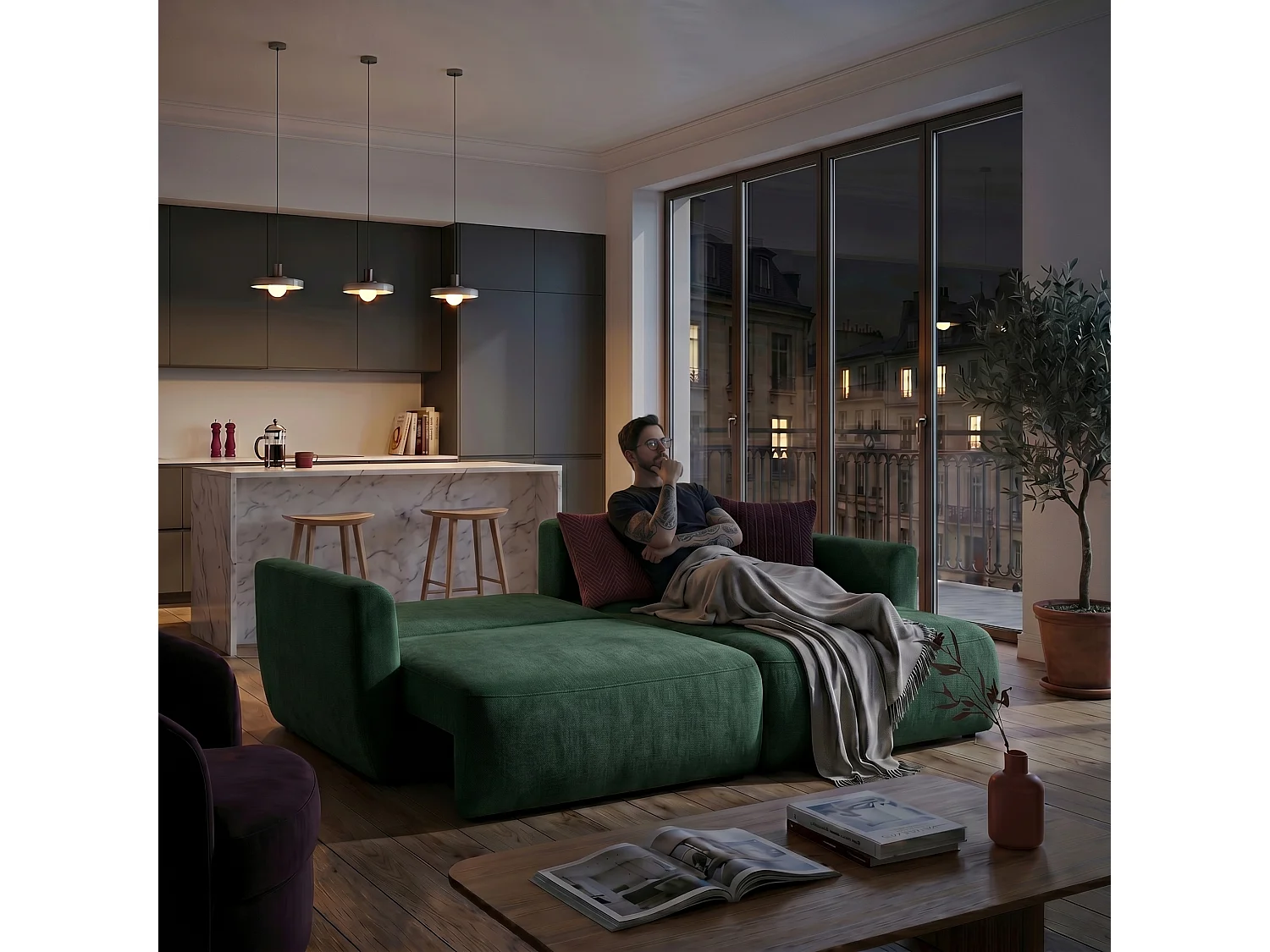 Canapé d'angle BELLA L Droit avec fonction couchage 140x205 Velours Vert
