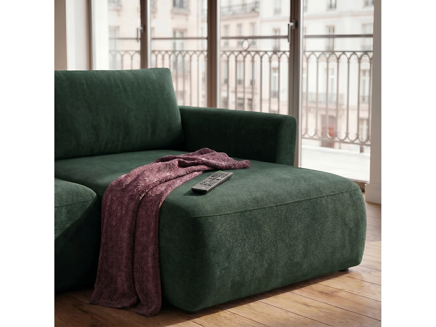 Canapé d'angle BELLA L Droit avec fonction couchage 140x205 Velours Vert