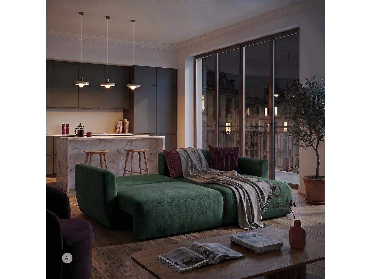 Hoekbank BELLA L rechts met slaapfunctie 140x205 velours groen