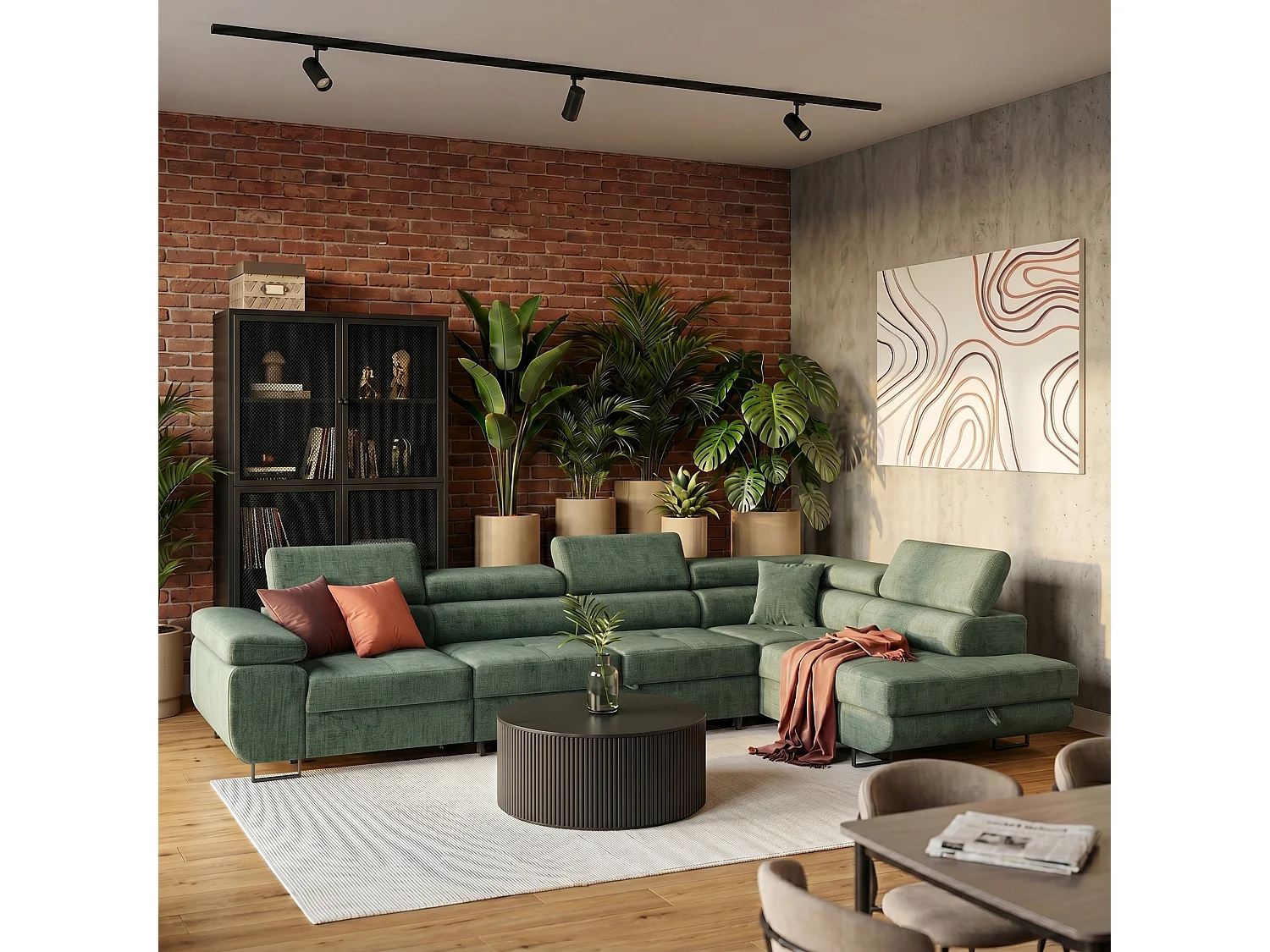Hoekbank WILD MAXI L rechts met slaapfunctie 125x195 velours groen