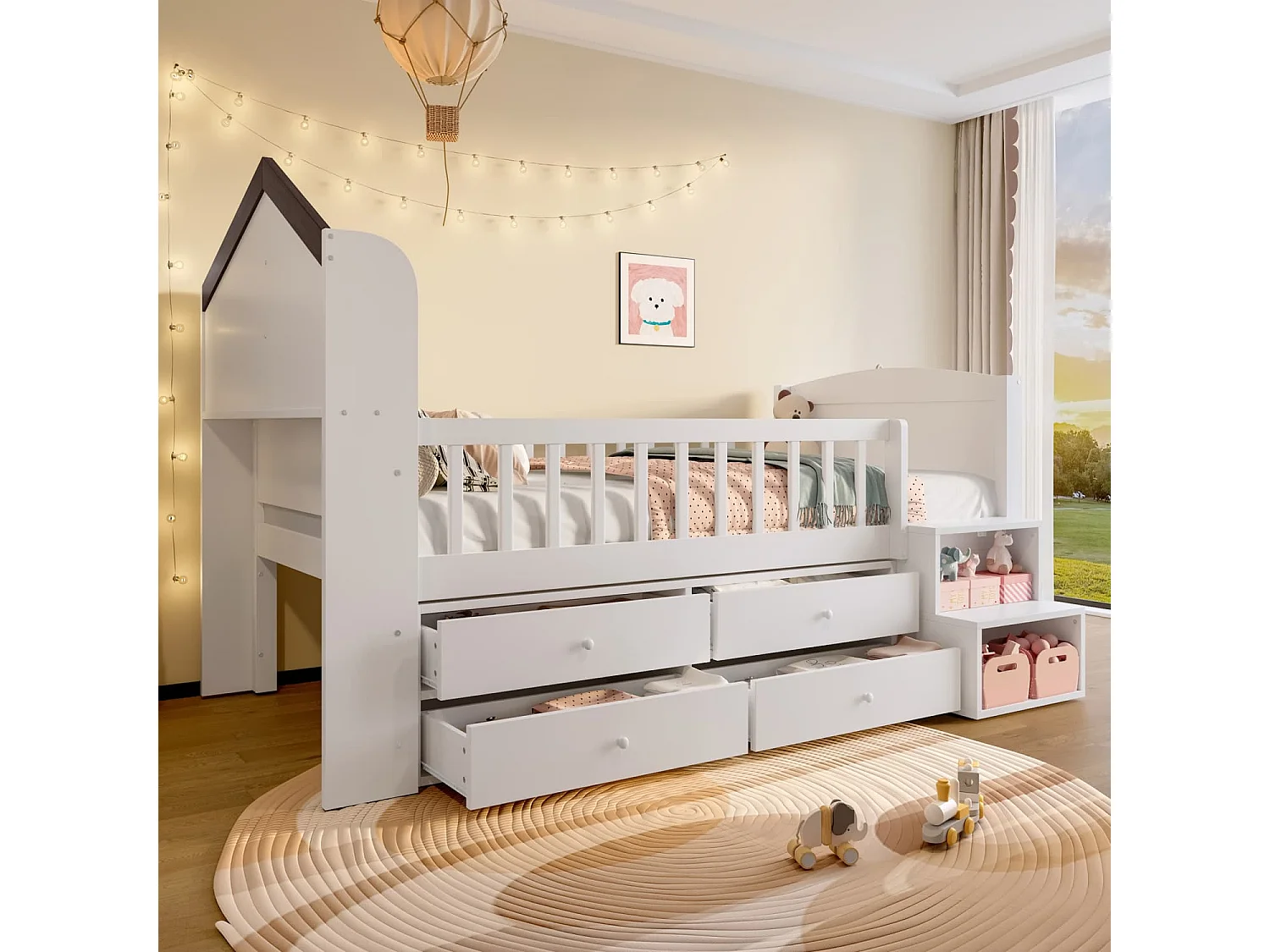 Halbhohes Bett,90x200cm,Hausform,Fenster,4 Schubladen,LED-Lichtleiste,Lagerleiter,ohne Matratze,Weiß