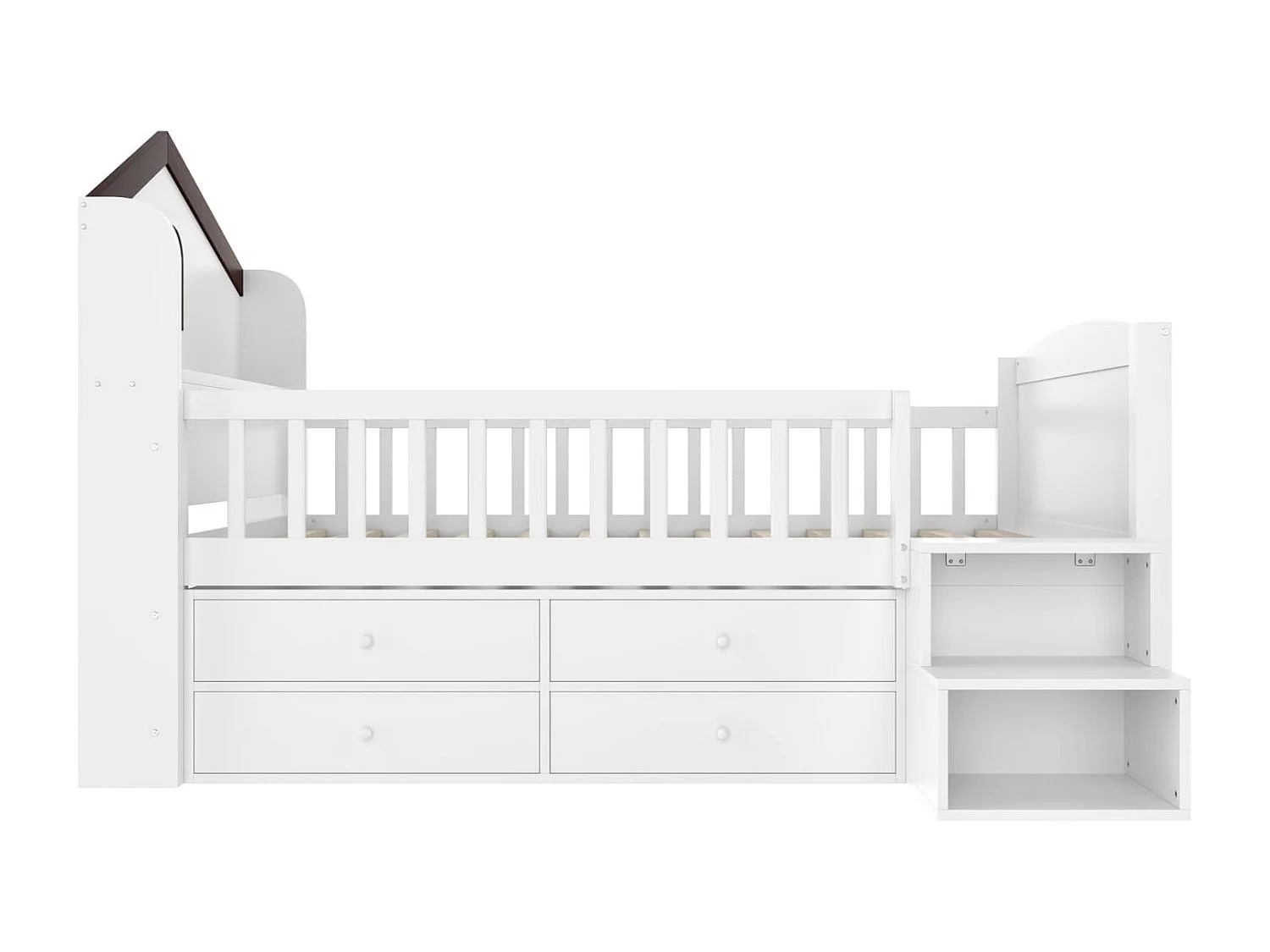 Halbhohes Bett,90x200cm,Hausform,Fenster,4 Schubladen,LED-Lichtleiste,Lagerleiter,ohne Matratze,Weiß