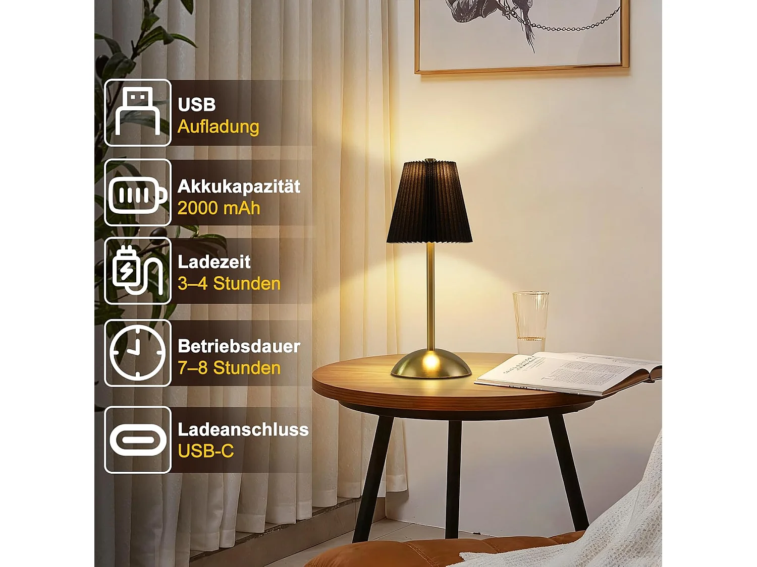 ZMH Lot de 2 Lampes de Table métal Sans Fil 3 Températures Tactile Dimmable USB Noir Pour Salle à Manger Chambre