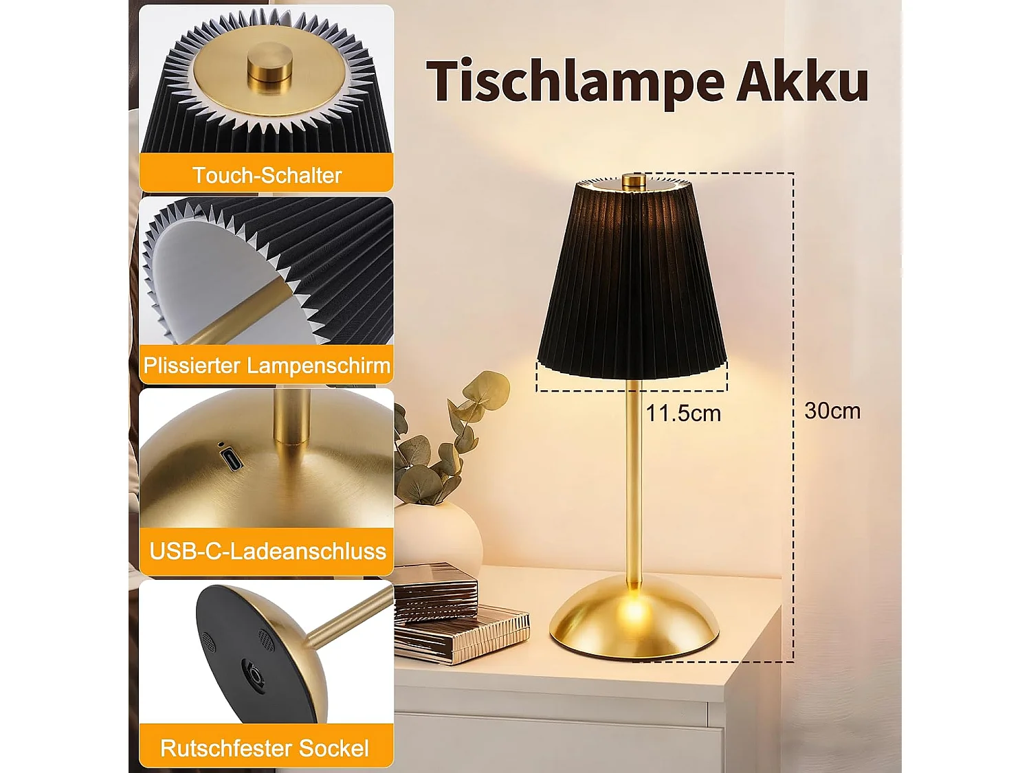 ZMH Lot de 2 Lampes de Table métal Sans Fil 3 Températures Tactile Dimmable USB Noir Pour Salle à Manger Chambre