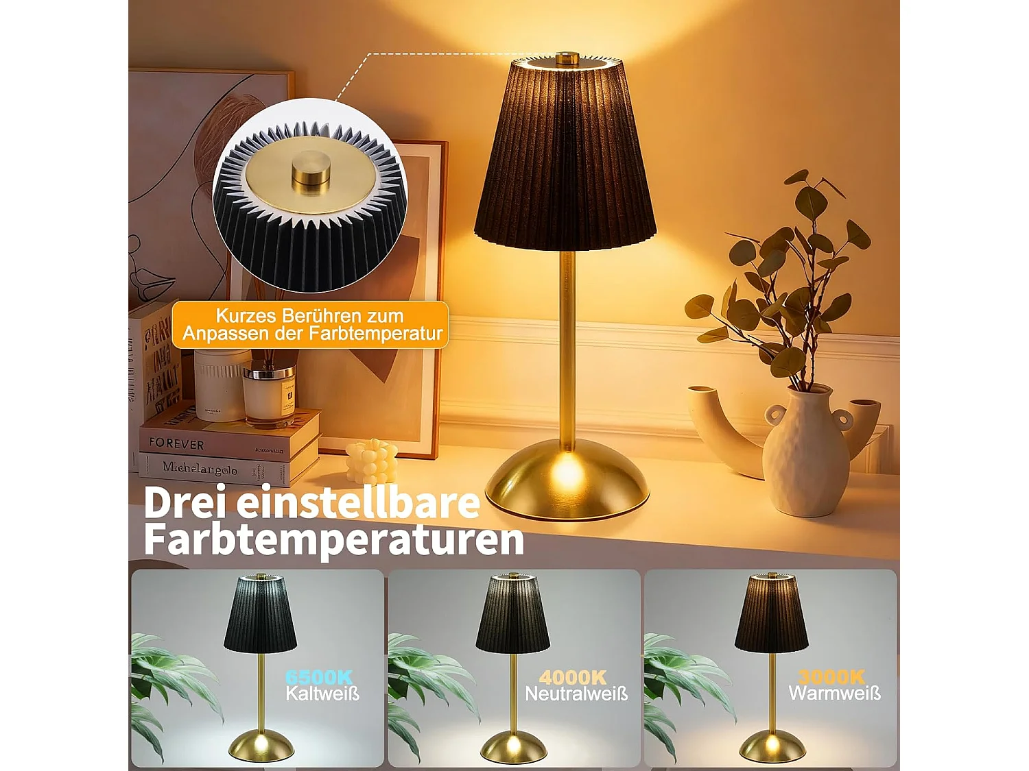 ZMH Lot de 2 Lampes de Table métal Sans Fil 3 Températures Tactile Dimmable USB Noir Pour Salle à Manger Chambre