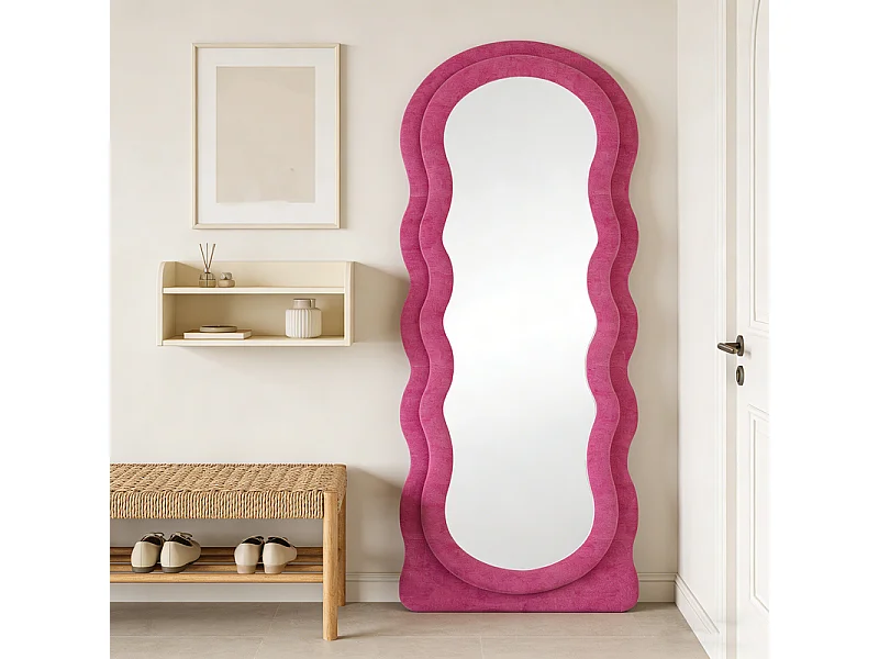 ZMH Miroir sur Pied 160 x 60 cm Longueur Onde Cadre Rose Cadre Plush Effet Nuage Plein Corps HD Anti-Déformation pour Chambre Salon