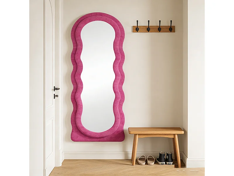 ZMH Miroir sur Pied 160 x 60 cm Longueur Onde Cadre Rose Cadre Plush Effet Nuage Plein Corps HD Anti-Déformation pour Chambre Salon