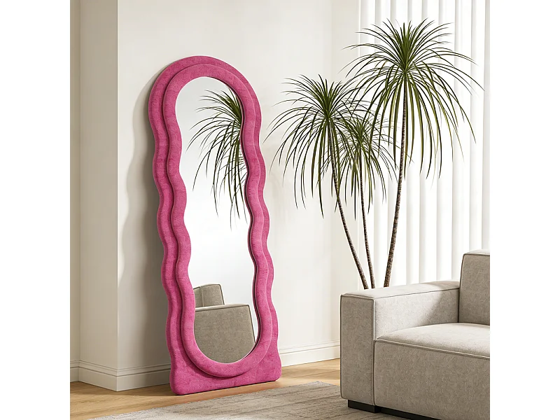 ZMH Miroir sur Pied 160 x 60 cm Longueur Onde Cadre Rose Cadre Plush Effet Nuage Plein Corps HD Anti-Déformation pour Chambre Salon