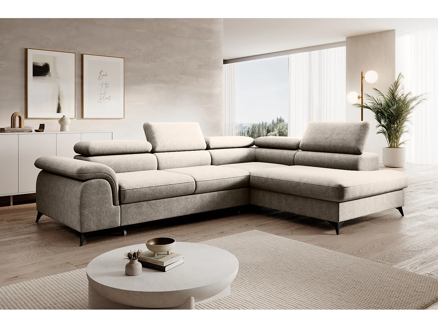 Canapé d'angle PLAZA L Droit avec fonction couchage 125x195 Velours Beige