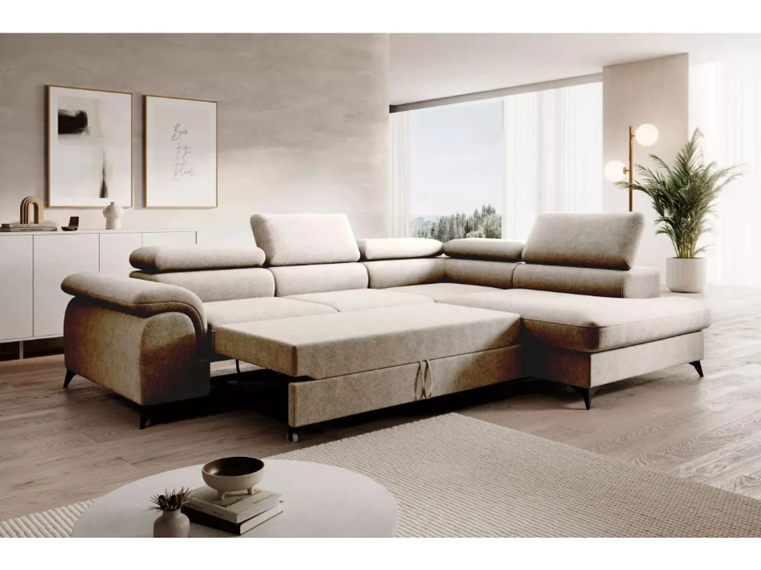 Canapé d'angle PLAZA L Droit avec fonction couchage 125x195 Velours Beige