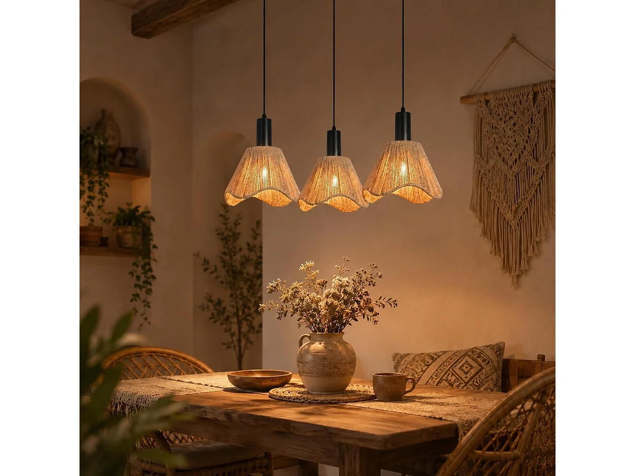 ZMH Suspension 3 Lumières Rotin Boho - Tressé Vintage Papier E27 - Pour Salle à Manger/Chambre (Sans Ampoule)