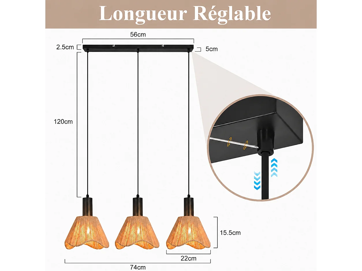 Suspension en métal et corde en papier -3 abat- jours - Noir et marron clair D.56cm - ZMH