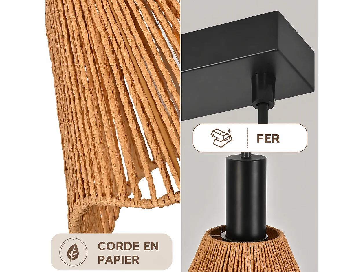 Suspension en métal et corde en papier -3 abat- jours - Noir et marron clair D.56cm - ZMH