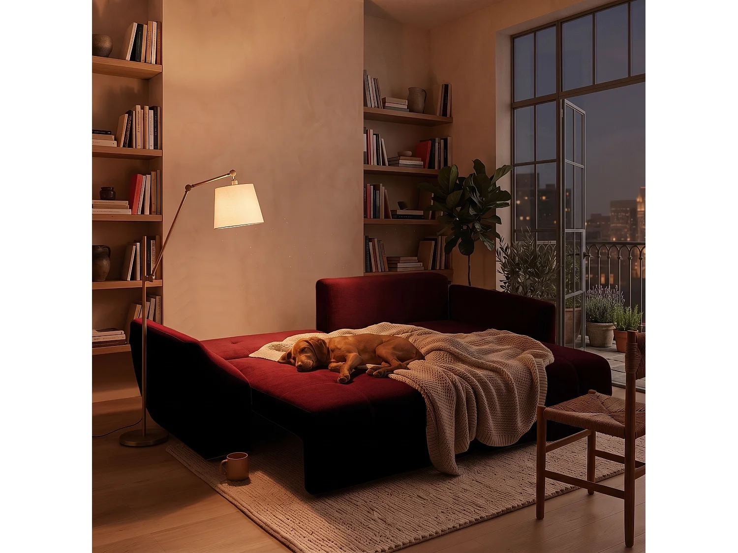 Canapé d'angle droit 3 places en tissu chenille bordeaux NICE