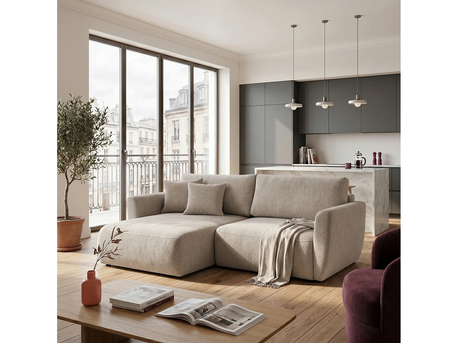 Canapé d'angle BELLA L Gauche avec fonction couchage 140x205 Velours Beige